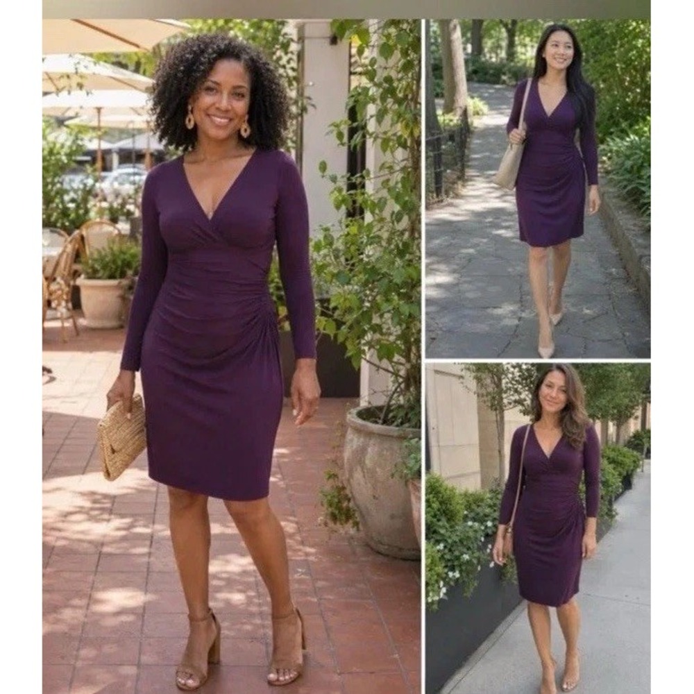 NWT Ralph Lauren Dress Faux Wrap Jersey Knit Purple Plum 3/4 Sleeve Ruching $140